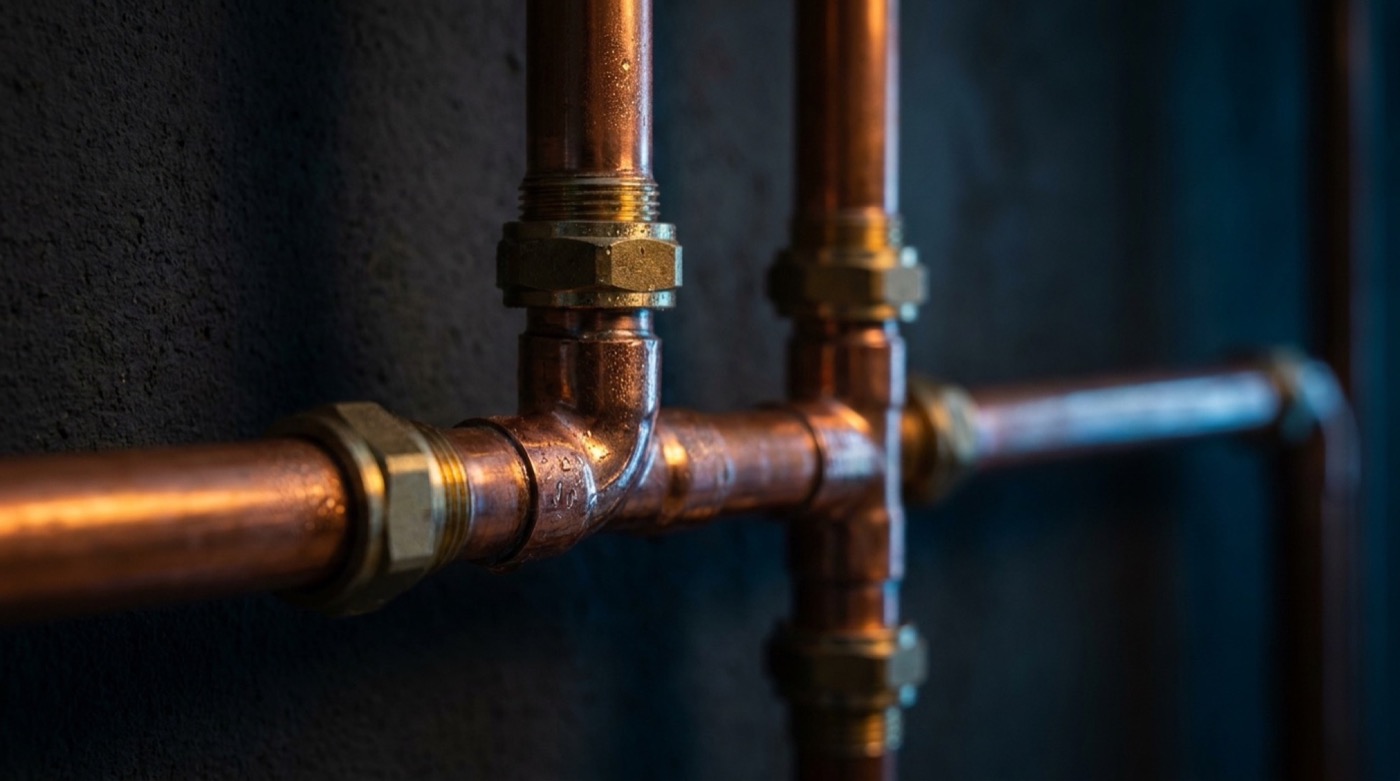Copper pipework joined with brass fittings
