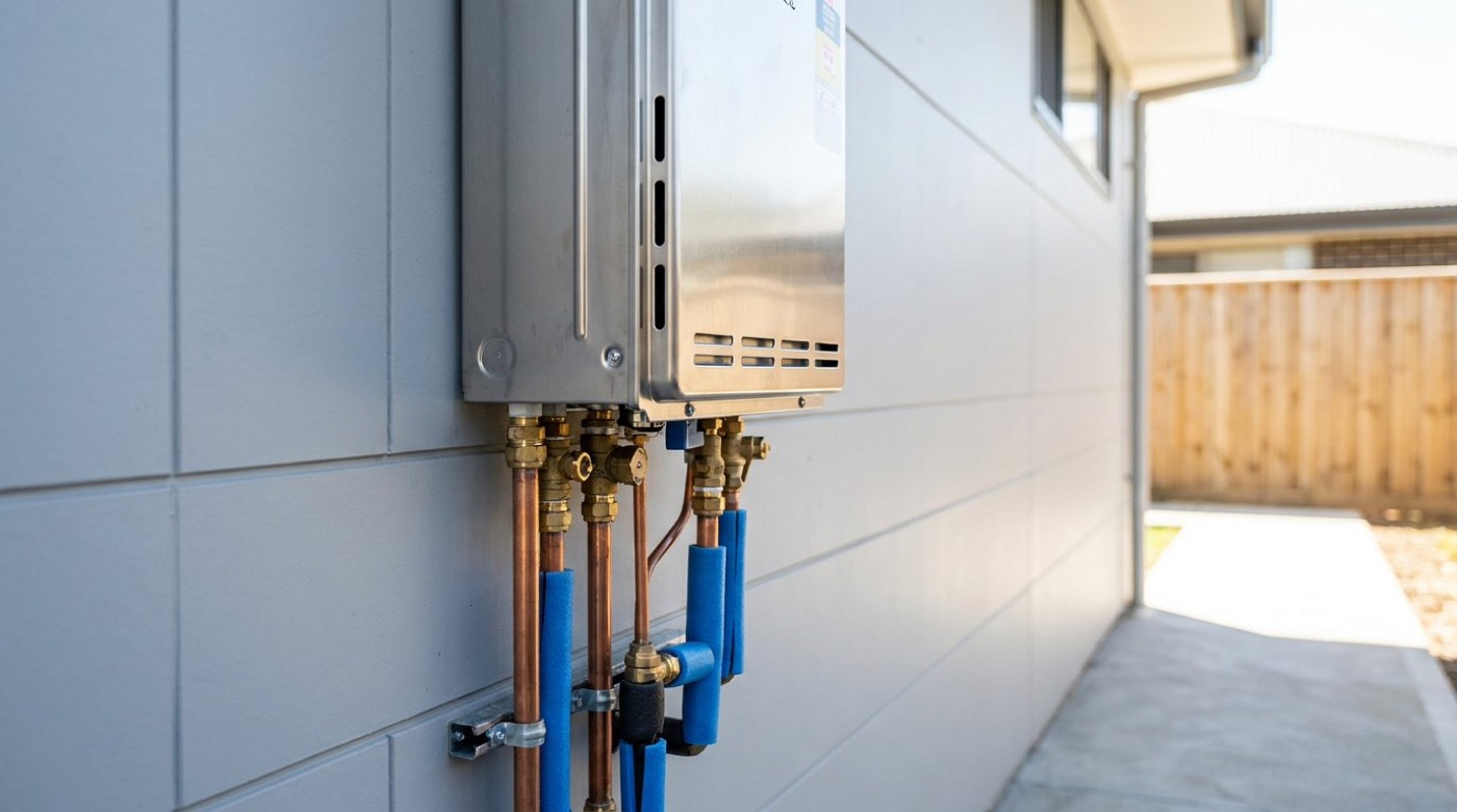 A wall-mounted instant hot water unit with copper and insulated lines